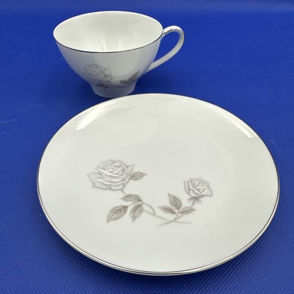 Noritake 6216 Rosay (1) Teacup & (1) Bread & Butter Plate Silver Rose on White - Picture 1 of 12